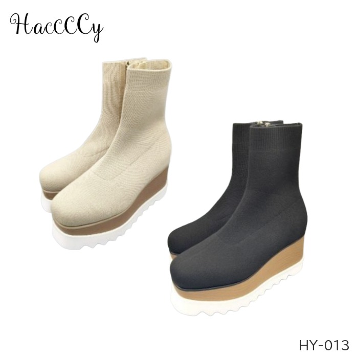 Haccccy ハッシー 厚底ニットブーツ レディース 内側ファスナー 脱ぎ履き楽ちん ウッド調ソール 軽量 430g クッション ふかふか 8cmヒール ブーツ シューズ 靴 HY-013