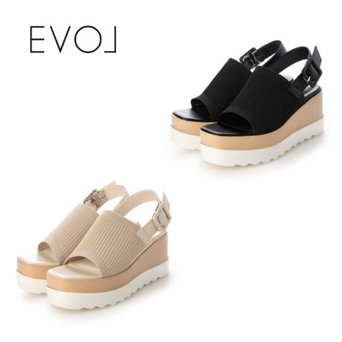 EVOL イーボル 厚底スクエアニットサンダル JA5974 レディース シューズ 靴 シンプル バックベルト ボリュームソール