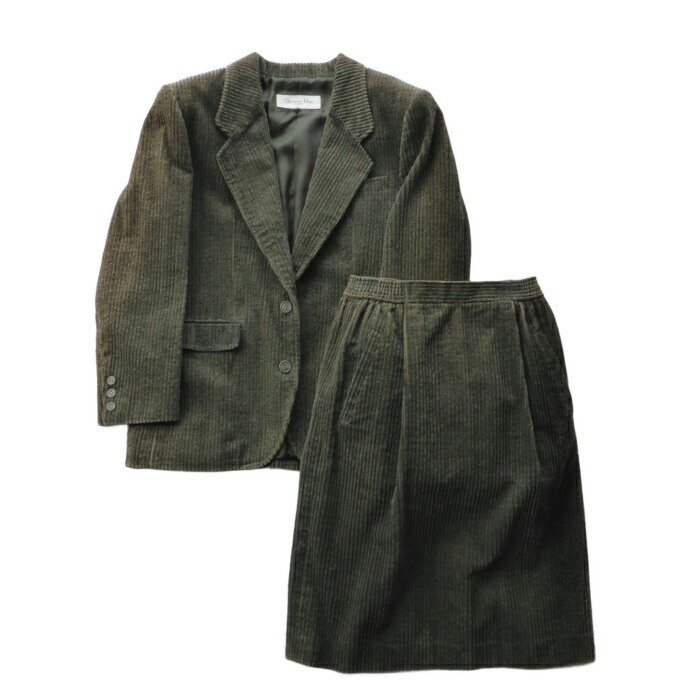 【SALE+更に2000円OFF引き換え証でお得！】ディオール （Christian Dior） 天鵞絨 コール天 テーラードジャケット スコート セットアップ 緑であること 太畝 M 御召しもの【中古】