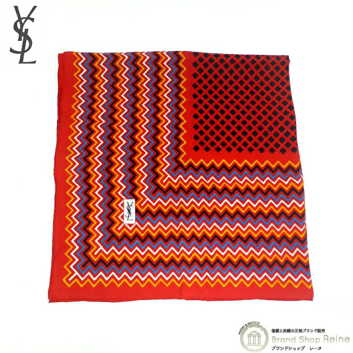 【2,000円OFFクーポンでお得！】サンローラン （SAINT LAURENT） YSL 大判 スカーフ シルク クローバー ジグザグライン Yves Saint Laurent レッド×ブラック【中古】