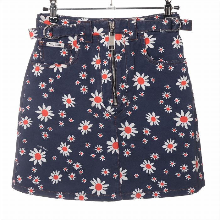 【2,000円OFFクーポンでお得！】ミュウミュウ （MIUMIU） コットン 花柄 ミニスカート 36 MG1372 ブルー ウエア【中古】｜ブランドショップ　Reine