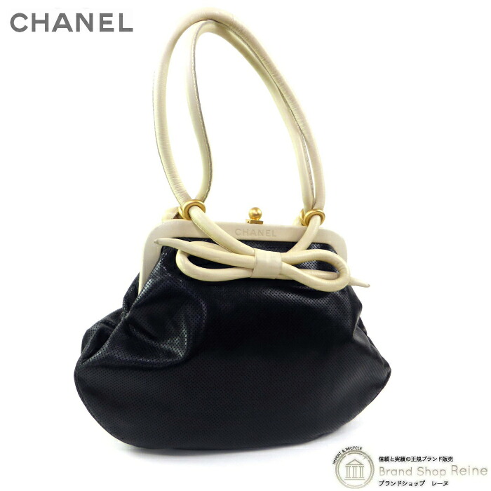 【2,000円OFFクーポンでお得!】シャネル (CHANEL) がま口 パンチングレザー ハンドバッグ ブラック×ベージュ ゴールド金具 ヴィンテージ【中古】