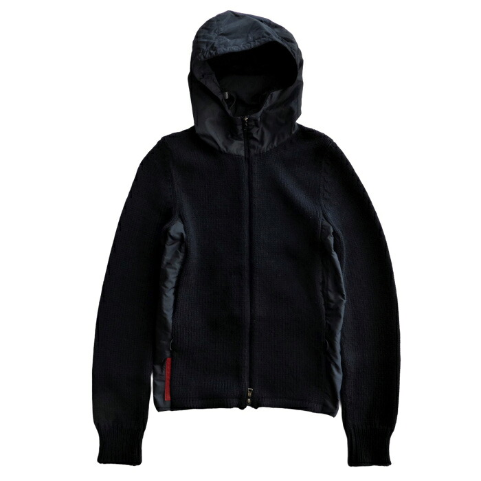 【SALE+更に2000円OFFクーポン券でお得！】プラダ （PRADA） プラダスポーツ 編み物 ジップアップ フーディ パーカー 羊毛 ナイロン うつり変わり 中綿 36 黒いこと 24V3770 御召しもの【中古】