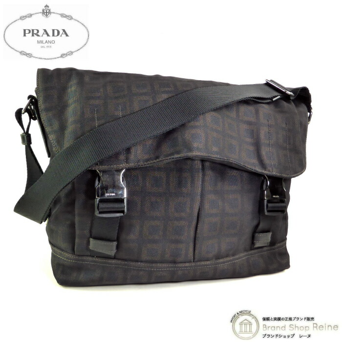 【SALE+更に2000円OFF引き換え証でお得！】プラダ （PRADA） 帆布 幾何学学飾りつけ 真四角柄 伝達人 曲がった掛け 肩肉 御徒面子 黒いこと×赤銅色 メンズ【中古】