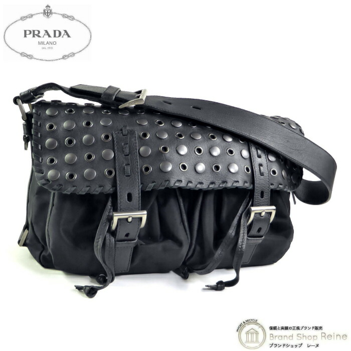 【SALE+更に2000円OFF引き換え証でお得！】プラダ （PRADA） テスート ナイロン なめし革 スタッズ 肩部 肩かけ 御徒面子NERO【中古】