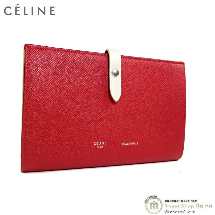 セリーヌ （CELINE） ラージ ストラップウォレット 二つ折り 長紙入れ 10487 受けが良い赤いこと×ともし火薄墨色 旧ロゴタイプ【新品負けず劣らず】 中古