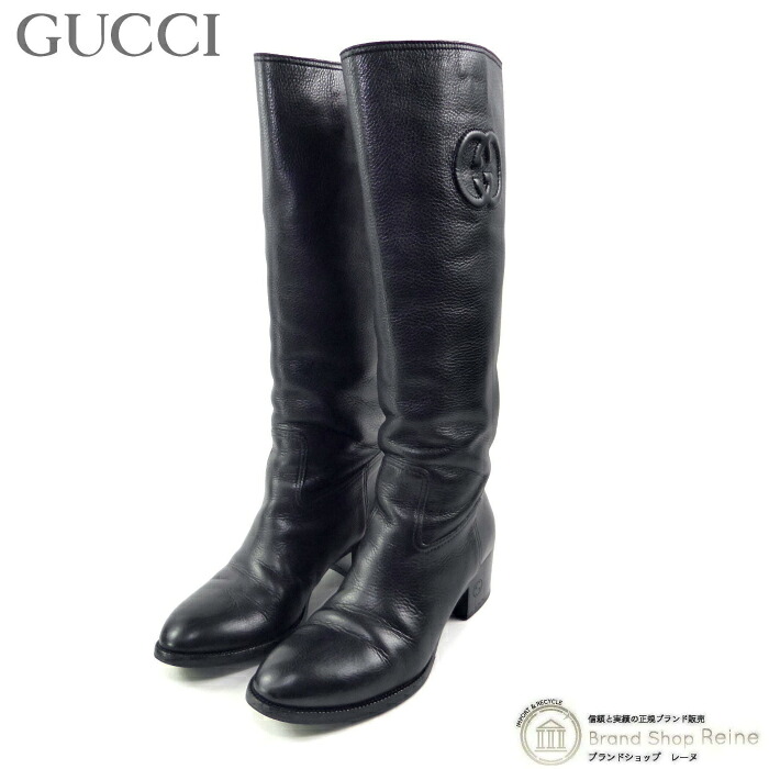 【SALE+更に2000円OFF引き換え証でお得！】グッチ （GUCCI） インターロッキングG なめし革 ロングブーツ チャンキーヒール 靴 シューズ 246659 ＃37 黒いこと【中古】