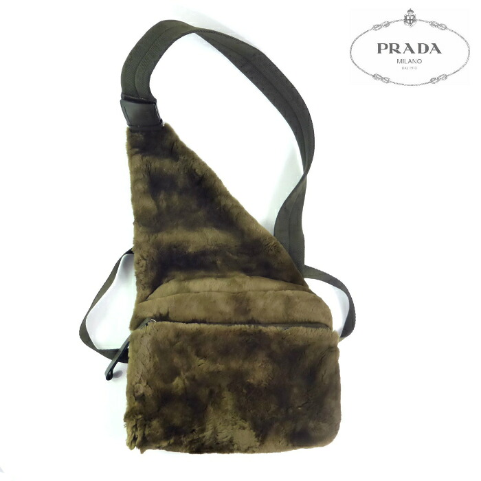 【SALE+更に2000円OFF引き換え証でお得！】プラダ （PRADA） 毛革 クロスボディバッグ 90\u0027S アーカイブ 1999 獣の皮 肩肉 御徒面子 RN98339 カーキ メンズ【中古】