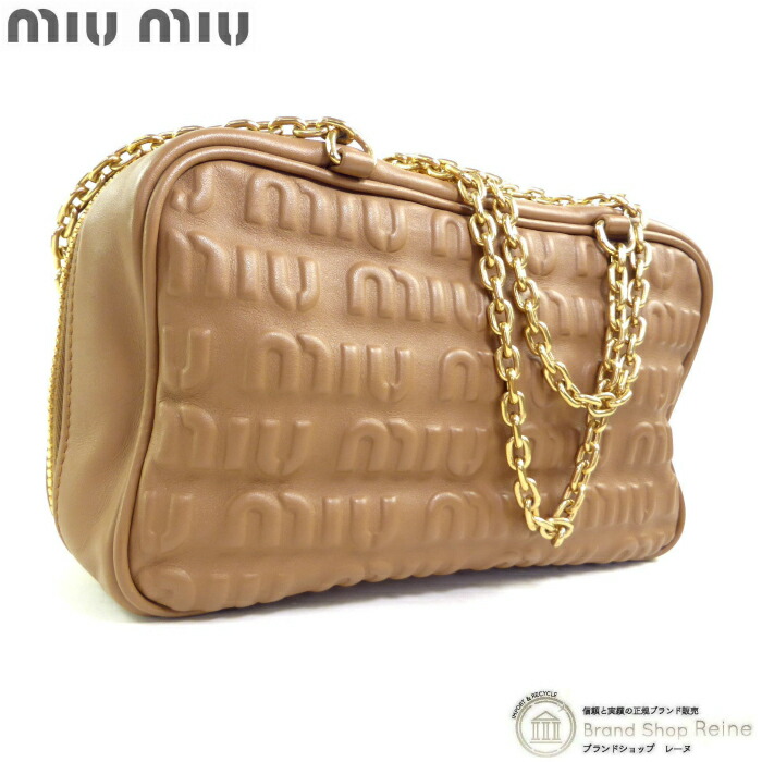 【SALE+更に2000円OFF引き換え証でお得！】ミュウミュウ （MIUMIU） エンボスロゴ チェーン店 ショルダーバッグ ベージュ【中古】