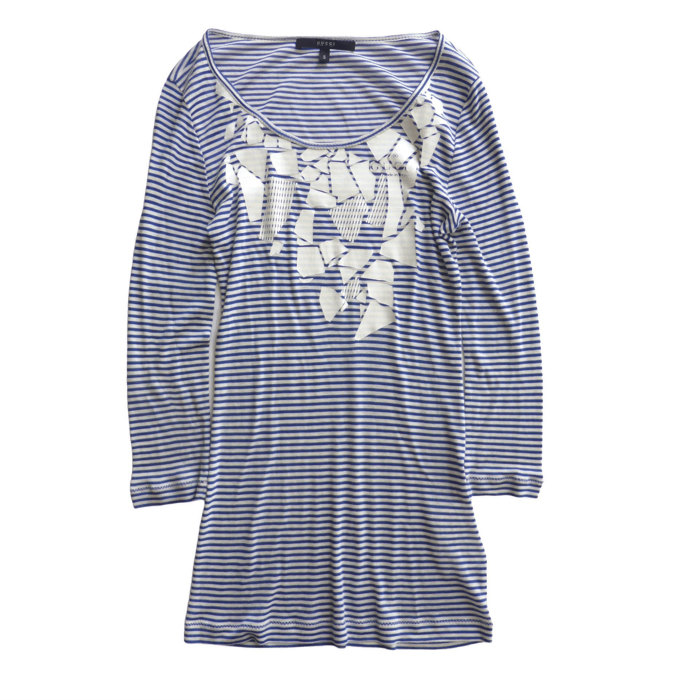 【2,000円OFFクーポンでお得！】グッチ （GUCCI） レーヨン&times;シルク ボーダー 七分袖 Tシャツ #S ブルー&times;ホワイト 235501 X8612 ウェア【中古】｜ブランドショップ　Reine 20,350円
