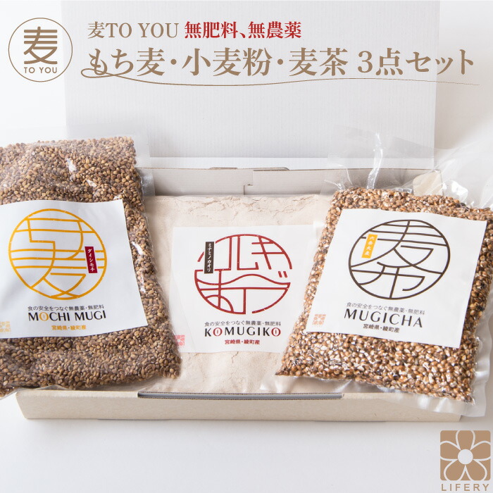 麦TOU YOU 国産 もち麦 小麦粉 むぎ茶 3点 セット 無農薬 無肥料 全粒粉 ダイシモチ ミナミノカオリ 麦 麦茶 六条大麦 ミネラル 無添加  自然栽培 腸内環境 腸 免疫 日本製 綾町 食物繊維 熱中症対策 グルメ ギフト プレゼント ラッピング 送料無料 挨拶