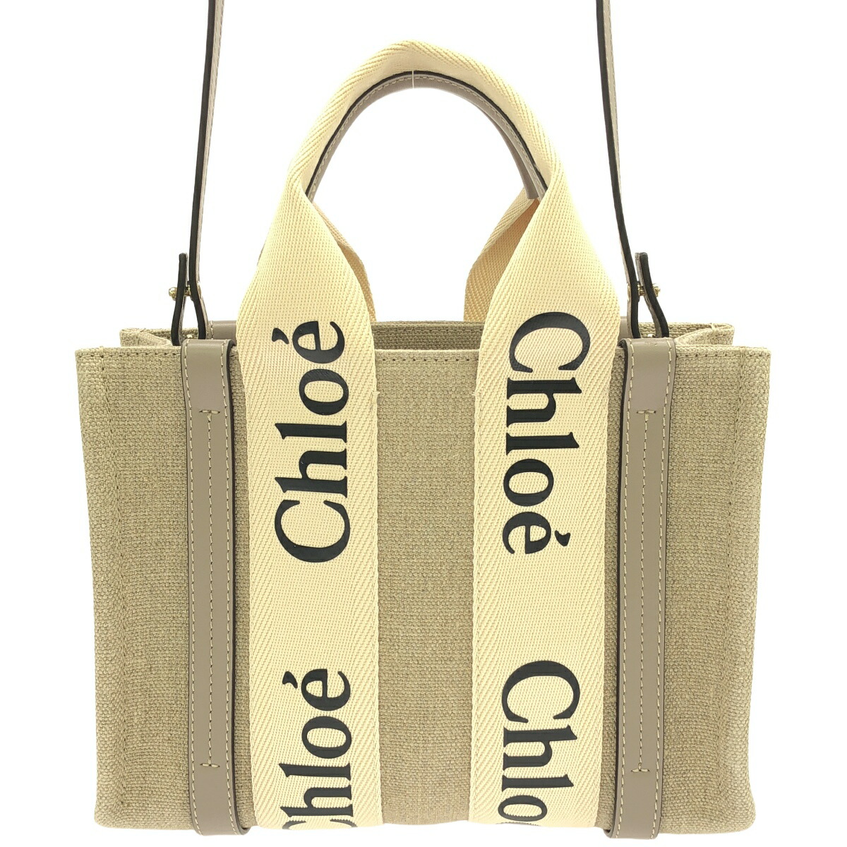 【中古・美品】 クロエ Chloe ウッディ スモール 帆布×なめし革 2WAYハンドバック トートバッグ ベージュ×薄墨色 レディースバッグ-バッグ