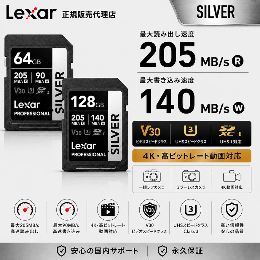 Lexar SILVER SD歌留多 64GB・128G Professional  SDXC UHS-I C10 V30 U3  UHD 最大限度205MB/s 記憶装置歌留多 弾丸道路 4K相応う 写真機用 SDXC歌留多 耐久腹積もり 雨合羽 耐衝撃 LSDSILV064G LSDSILV128G 録画媒体相応う 高画質映画化 レキサー堅苦しさ売りわたす代わりになる店・国内定まり品・果てしがない引き請ける
