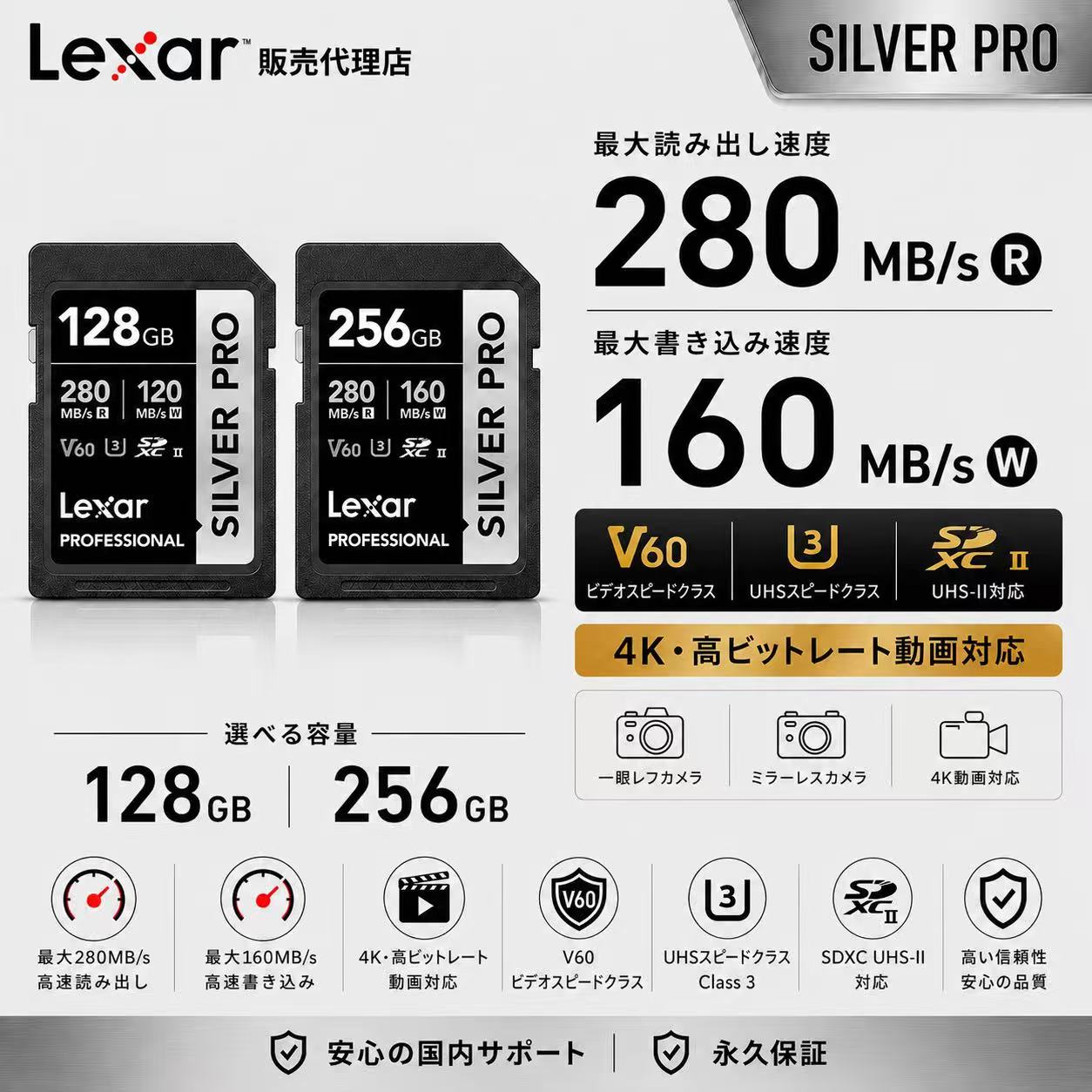 Lexar Professional SILVER PRO SDカード 128GB・256GB レキサー UHS-II V60 最大280MB/s 高速書き込み120MB/s 4K動画対応 一眼レフ ミラーレス カメラ対応 プロ向け 高速SDXCカード Lexar 日本正規販売代理店・国内正規品・永久保証|レキサーダイレクト