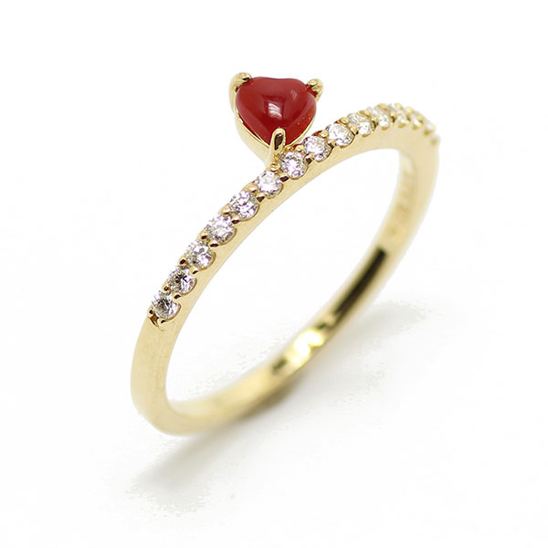 血赤珊瑚 リング レッドコーラル　赤サンゴ　4mm ハートカボションカット K18 0.15ct ダイヤモンド 血赤珊瑚 血赤 赤珊瑚　高知・土佐沖 レディース リング ダイヤ