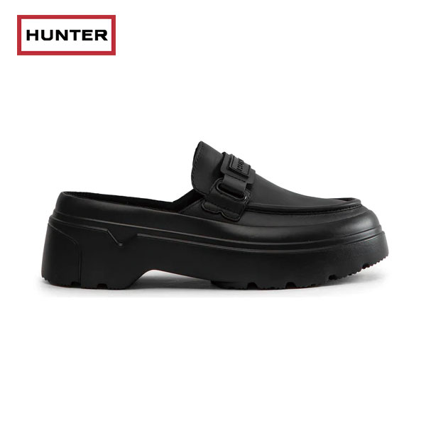 国内正規品 HUNTER レディース リファインド エクスプローラー フラットフォーム ローファー ミュール レインシューズ ブラック 通学 通勤 耐水性レザー WFF3103LEA
