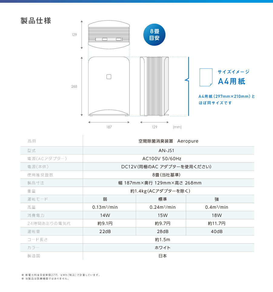 ウイルス対策空気清浄機日機装Aeropureエアロピュア深紫外線LEDが様々なウイルスを除菌消耗品無しで経済的静音軽量消臭アレル物質分解除去もA4サイズのコンパクト設計でパワフルに除菌します医療機器メーカー発の安心と安全で空間を守ります