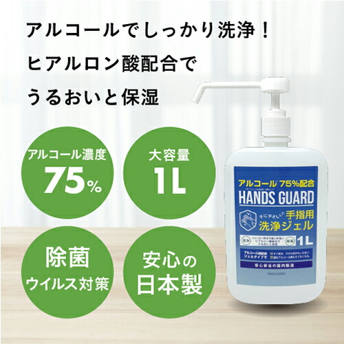 安心の日本製アルコールハンドジェルエタノール75%配合手指洗浄ウイルス対策保湿洗浄タイプヒアルロン酸Naアロエベラ配合アルコール高配合75%ハンドジェルハンズガードポンプ1L1本送料無料!MADEINJAPAN