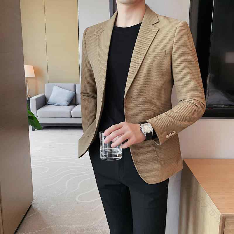 テーラードジャケット メンズ 男性用 春秋 ワッフル生地 イージーケア シワになりにくい スリムフィット 2つボタン ビジネス カジュアル オフィス パッチポケット センターベント ポリ｜りれーしょん２３店