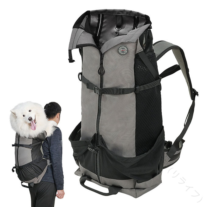 犬用キャリーバッグ グレー 多機能 犬のバックパック 屋外対応 ペット用リュックキャリー 中型犬 大型犬対応 無地メッシュ素材で快適通気性抜群の犬バックパック