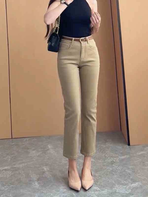 レディースファッション服オシャレでカワイイシンプルな大人カワイイ大きいサイズカーキスリムパンツ秋向けハイウエストナロージーンズ九分丈スタイル抜群