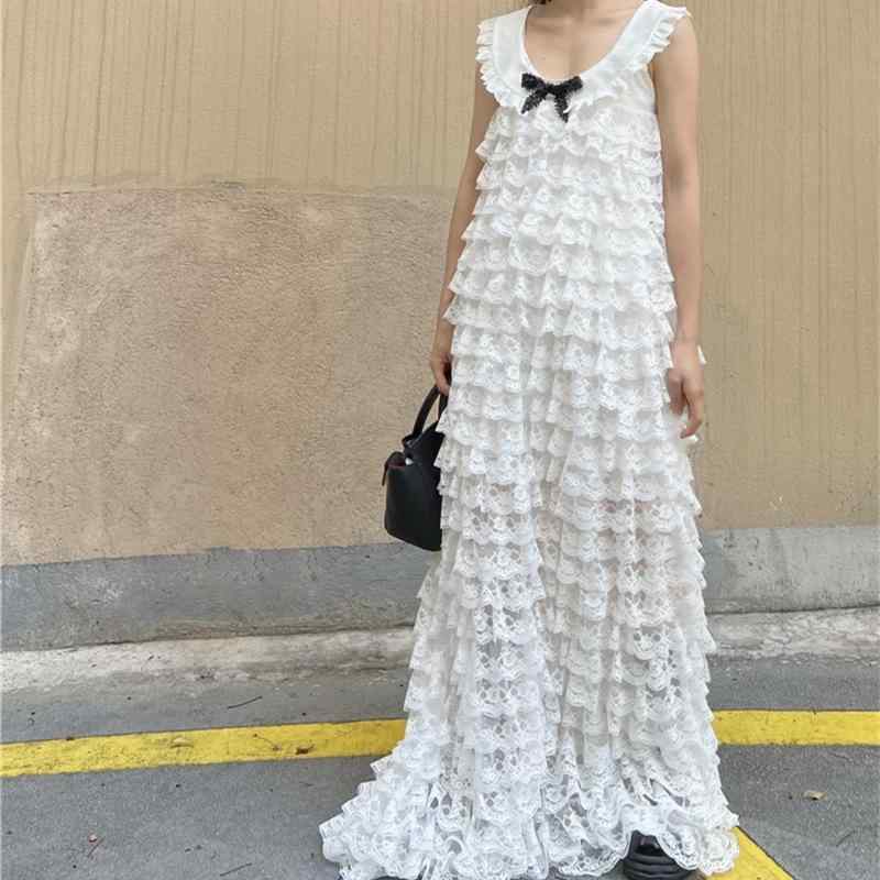 ワンピース レディース ウエストライン ロング丈 無袖 Uネック レース プリーツ スカート ポリエステル スパンデックス 切り替え 白 春季 基礎スタイル ゆったりシルエット 気質 私服 度假 ワンピースドレス レイヤード フェミニン 甘め シフォン風｜リメイクバディー