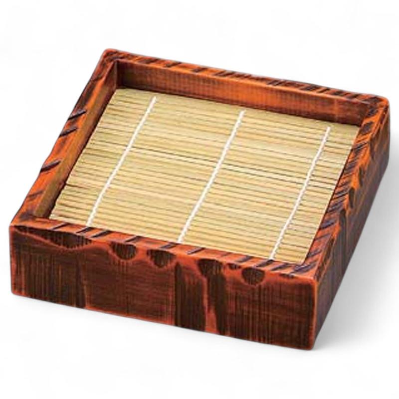 J-kitchens ディナー そば 器 ざるそば 荒彫角 セイロ 栃塗 小 木製 15×15×4.7cm 日本製 PNO.634389