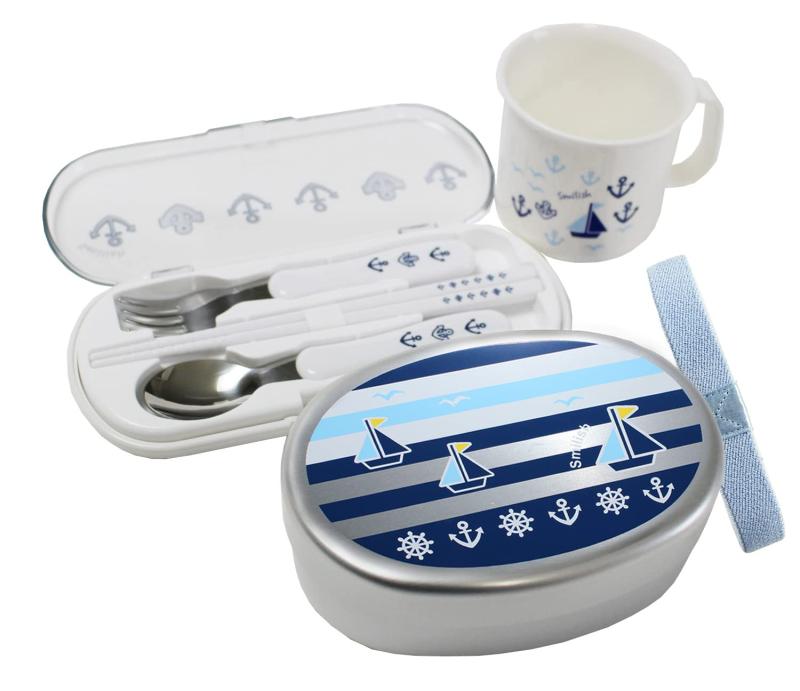ランチ3点セット 幼稚園（内ブタ付アルミお弁当箱、カトラリーセット、耐熱コップ)NEWマリン柄画像