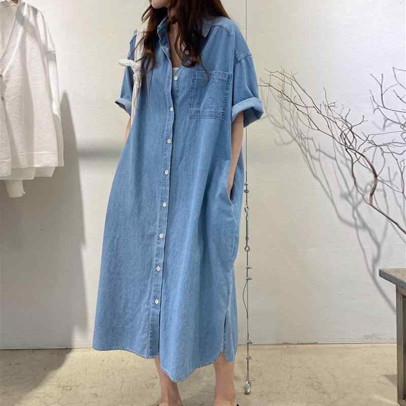 ワンピース レディース 春夏 長袖 牛仔 ワンピース 巻き縁 ルーズフィット 気質 復古 スリム ロング丈 開襟 落肩袖 短袖 ルーズウエスト ポケット シングルブレスト ボタン 通勤 デニム 綿混 ポリエステル 混合 ブルー ピュアカラー 切り替え ス