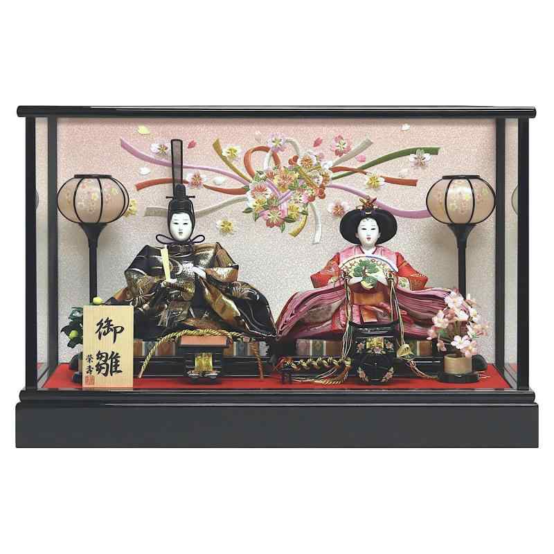 ひな人形 雛人形 親王ケース飾り 黒塗ガラスケース 熨斗目刺繍バック 間口56.2×奥行28.8×高さ38cm 04-3-13