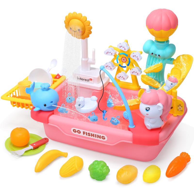 おままごとセット Cute Stone おままごと お風呂 おもちゃ知育玩具 食器洗い機 おもちゃ 水遊び 玩具 大容量シンク 循環出水 リアルな食材 魚釣りゲーム 滑り台 観覧車 クジラ噴水 ウォーター