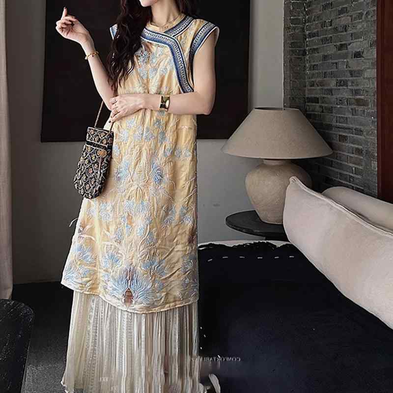 瀬戸ものお召しもの レディース 衣装 マキシ丈 ロング衣装 ロング丈 上衣 無地 ノースリーブ 丸首 労働者の一団のど首 Ａ生産ライン 筋目 ゆったり 体型押しかぶせる 成年者 心地よい 雅びやか 御前上等感 普段使い