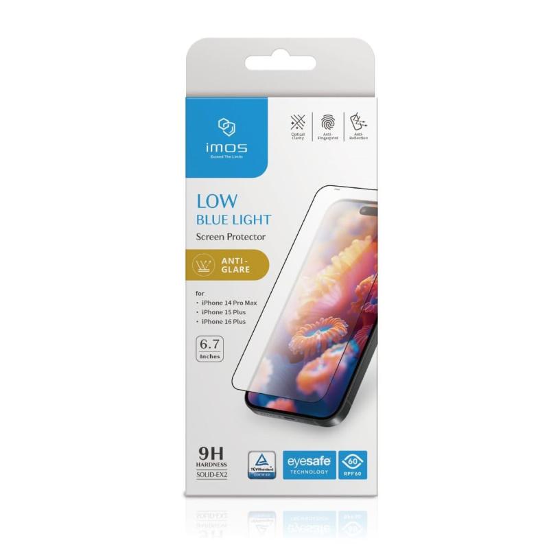 imos iPhone 16 Plus / 15 Plus / 14 Pro Max用 画面防御すること写真フィルム、2.5Dブルーライトカットマット画面防御すること写真フィルム強化因子硝子、耐久性と落っこちるに揺るぎない、水の泡なし、飾り気のない据え付け