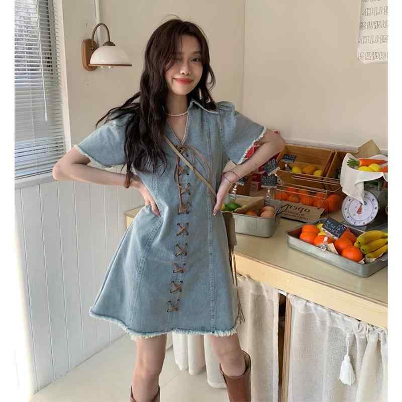 ワンピース 女性用 春夏 デニム コットン 切り替え Aライン 短袖 短丈 ハイウエスト 気質 通勤風 セットアップ ポロ風 デザイン ブルー 単品 軽量 伸縮性 再生繊維 ポリエステル 混 ?? ・届? 普段使い かわいい スタイル スカート トップス
