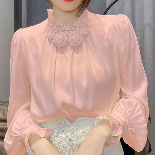 レディース シャツ 花柄 ドレス トップス 雪? 素材 ポリエステル 立体 装飾 半高領 灯籠袖 長袖 ワイド シルエット 気質 通勤 スタイル セットアップ 風 白色 ピンク 緑 春 装 気質 優雅 気品 コーデ レイヤード 軽やか 素材 涼しげ シル