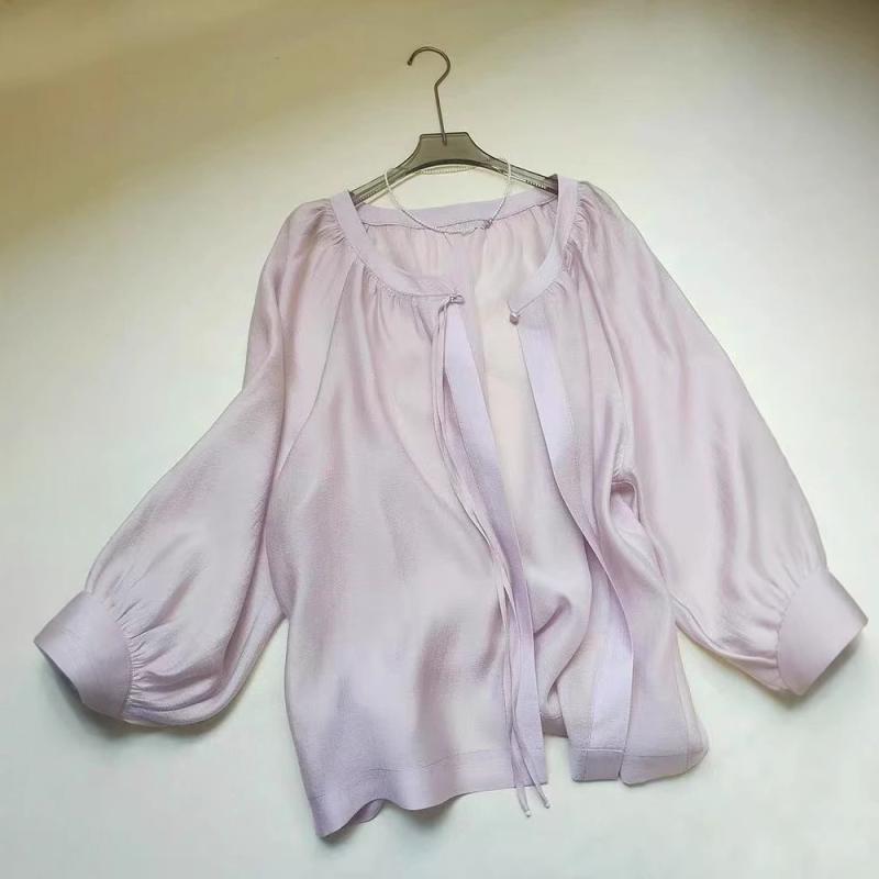 シャツ レディース 七分袖 シフォン 紫 夏 薄手 防晒 泡泡袖 ワンピース風 上衣 ポリエステル 無地 セットアップ ワイドフィット ラウンドネック ロングスリーブ 切り替え 加工 気質 通勤 優雅 スタイル