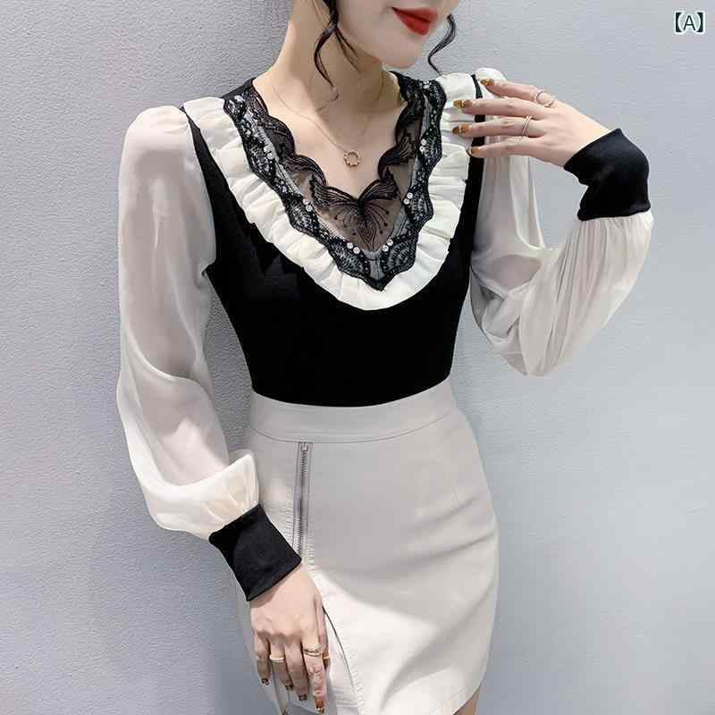 {"result": "Tシャツ 女性用 Vネック 灯?袖 切り替え 雪? ニット 刺繍 花辺 ビーズ 装飾 レース プリーツ 透け感 長袖 修身シルエット 印花柄 ニット混紡 ニット素材 トップス ブラウス 白 深棕 秋季 オールシーズン 快適 日常使