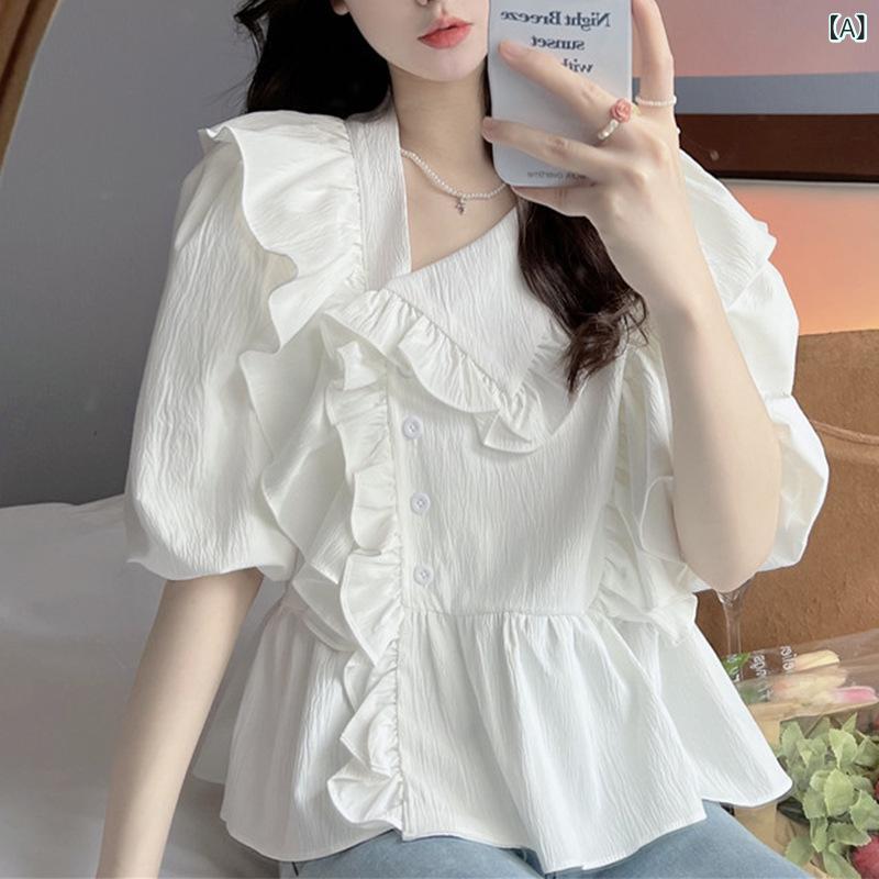 Tシャツ 女性用 夏 白色 フレンチスタイル フリル 大きいサイズ シフォン 短袖 シェルネック フレアスリーブ 腹カバー スリム ドールトップ 気質 通勤 都市風 アクリル繊維 95%以上