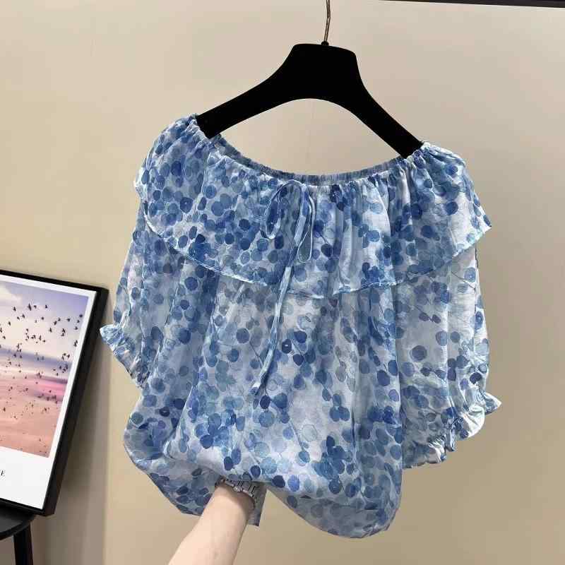 レディース ブラウス フラワー柄 シフォン 2025 夏 ワンショルダー 短袖 荷葉袖 フリル かわいい 緑 ブルー ゆったり セットイン 優しい 甘め 爽やか 軽やか 通気性 涼しい 女性用 上品 日常使い デイリー トップス 肩出し 袖丈 三分丈 花