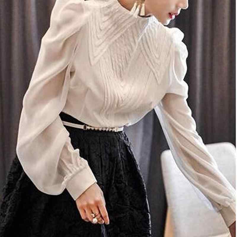 レディース シャツ 長袖 雪紡 トップス 泡泡袖 切り替え 修身型 立領 気質 通勤 セットアップ インナー 単色 白 春季 女性用 普段使い 軽量 透け感 優雅 スタイル ブラウス チュニック シャツブラウス インナートップス