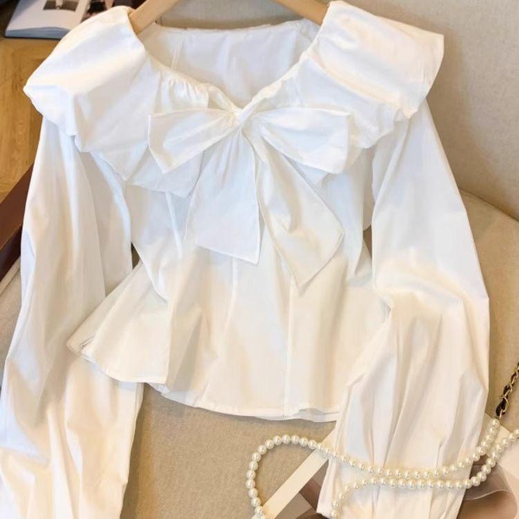 レディース シャツ トップス 荷葉エッジ ラッフル デザイン 気質 白 長袖 蝶ネクタイ 付 リボン ブラウス ファッション コーディネート 百搭 涼しい ?綸 ポリエステル 素材 化繊 合成繊維 免? ノーアイロン 加工 ワイド ルーズ フィット 普通