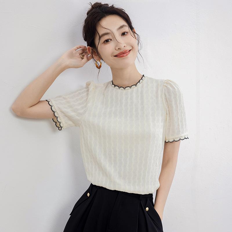Tシャツ 女性用 春夏 泡泡袖 短袖 ストライプ レース 襟 刺繍 デザイン セットカラー ゆったり トップス 薄手 涼しい 雪? 風 私服 気質 優雅 杏 色