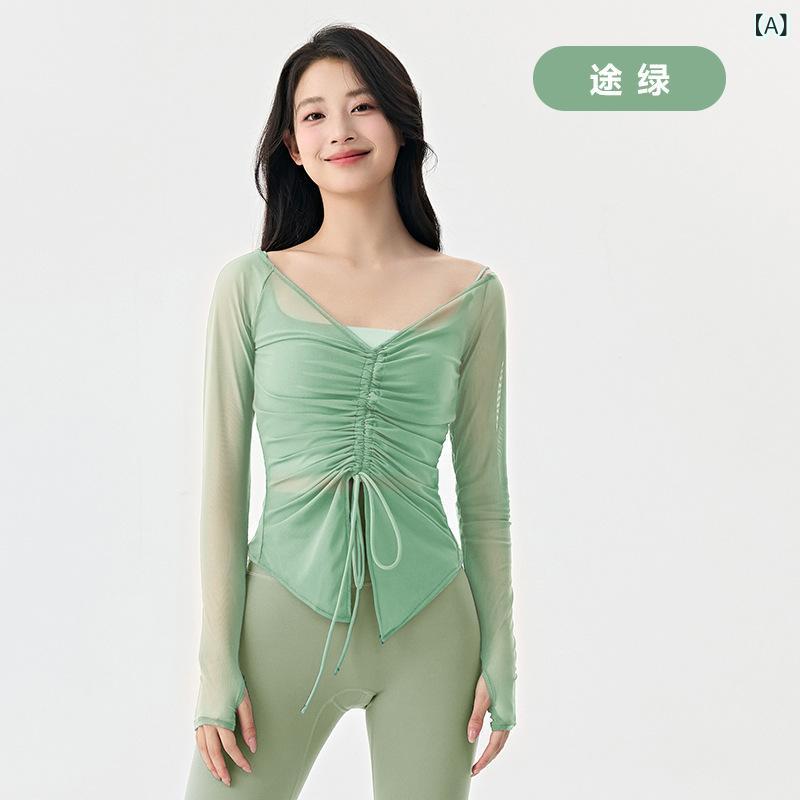 レディース トップス 瑜伽 罩衫 慵?風 女性 ファッション 外穿 ドローストリング ウエスト フィット ヨガウェア 長袖 クロスボーダー セクシー メッシュ 透け感 透気性 ニット ナイロン 再生繊維 緑 ブルー ブラウン 黒 フィットネス ランニング
