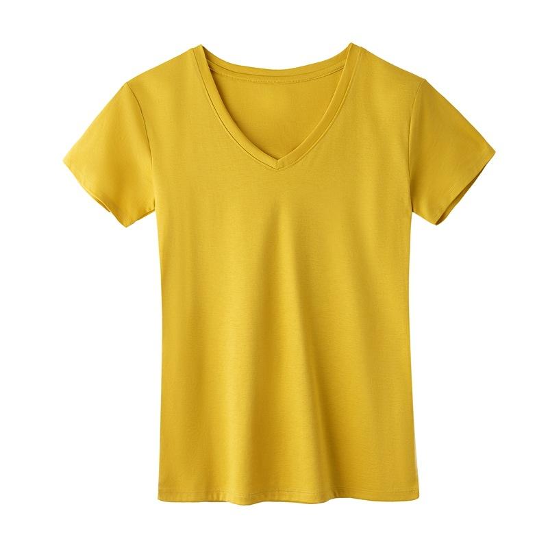 Tシャツ レディース 短袖 Vネック シルク光加工 綿100% 修身 黒 白 姜黄 通勤 都市風 気質 快適 休? 普通丈 セットアップなし 春季 オールシーズン対応