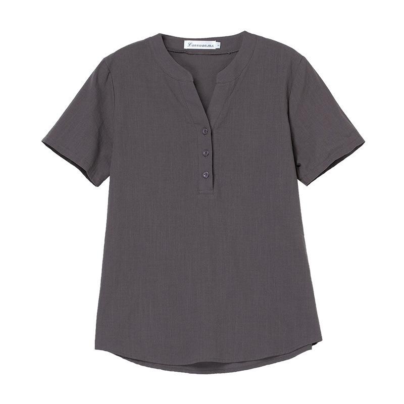 レディース Tシャツ Vネック 短袖 綿100% シャツ 夏 かき色 黄色 深灰色 紫灰色 大きいサイズ 綿麻 シャツ ゆったり 上衣 開衫 ボタン 中長 65cm以上 80cm以下 無鉄 加工 処理 日常 カジュアル スタイル 日韓 風
