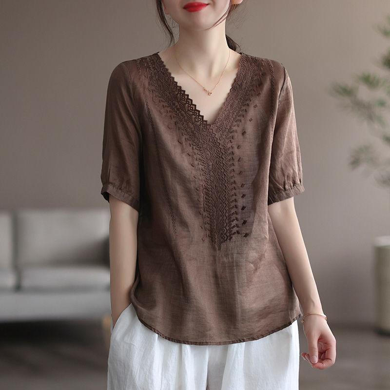 レディース Tシャツ 短袖 刺繍 Vネック トップス 綿麻素材 麻 綿 切り替え ゆったり ルーズフィット 復古風 かわいい 軽量 通勤 普段使い 部屋着 浅紫 コーヒー 白 ネイビー 春夏 大きいサイズ