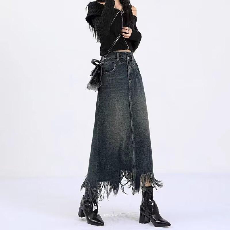 スカート 牛仔スカート 女性用 ハイウエスト Aライン 中長丈 流蘇 毛羽立った裾 開き スリムライン 個性 日韓スタイル 快適 牛仔布 ポリエステル 混紡 直筒体型 メンズ レディース 秋季 セメントグレー