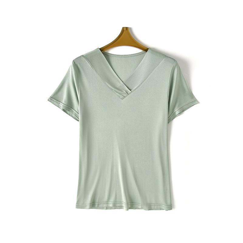 レディース Tシャツ 短袖 真? 桑蚕? 純色 V領 ゆったり スリム トップス 柔軟 立体裁剪 セットインスリーブ 豆緑 浅灰 青藍 日常 通勤 ヨガ 街歩き 居家 快適 軽量 春季 カラーバリエーション
