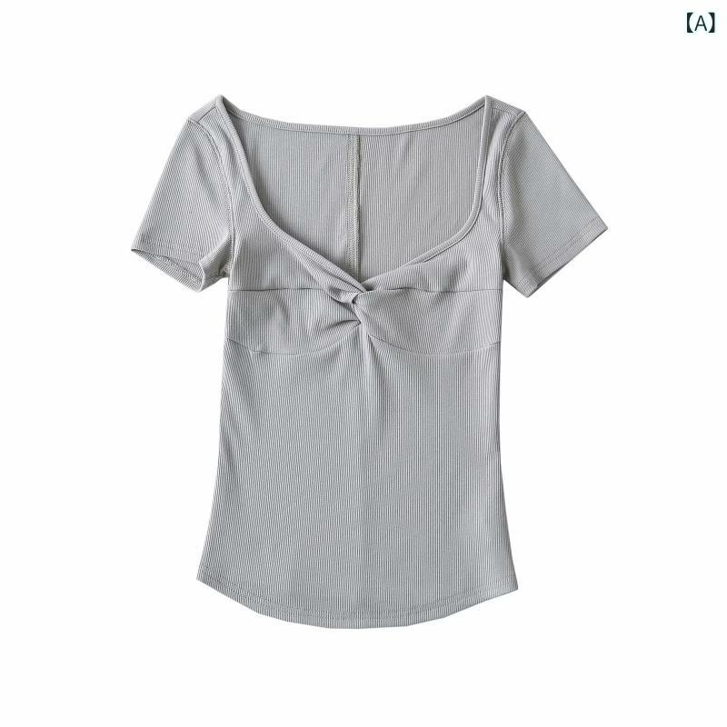 Tシャツ レディース 修身 Vネック ・神結 短袖 上衣 女性用 綿素材 私服 純欲風 灰 黒 紫 杏 夏