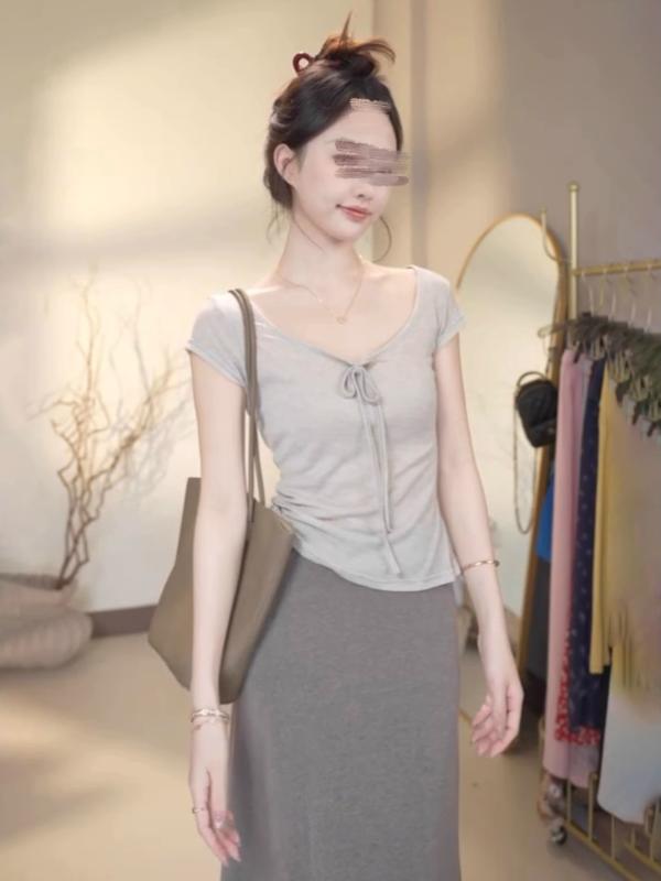 Tシャツ 女性用 浅灰 黄色 燕麦灰 Vネック 系帯 デザイン 大襟 ハングネック 正肩 短袖 夏 収腰 スリム 薄手 トップス ポリエステル 切り替え 修身 普通丈 日常 休? 日韓スタイル 柔軟 青年